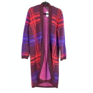 Ann Taylor Duster Cardigan Sweater Womens Size Small Purple Red Blue Plaid NEW